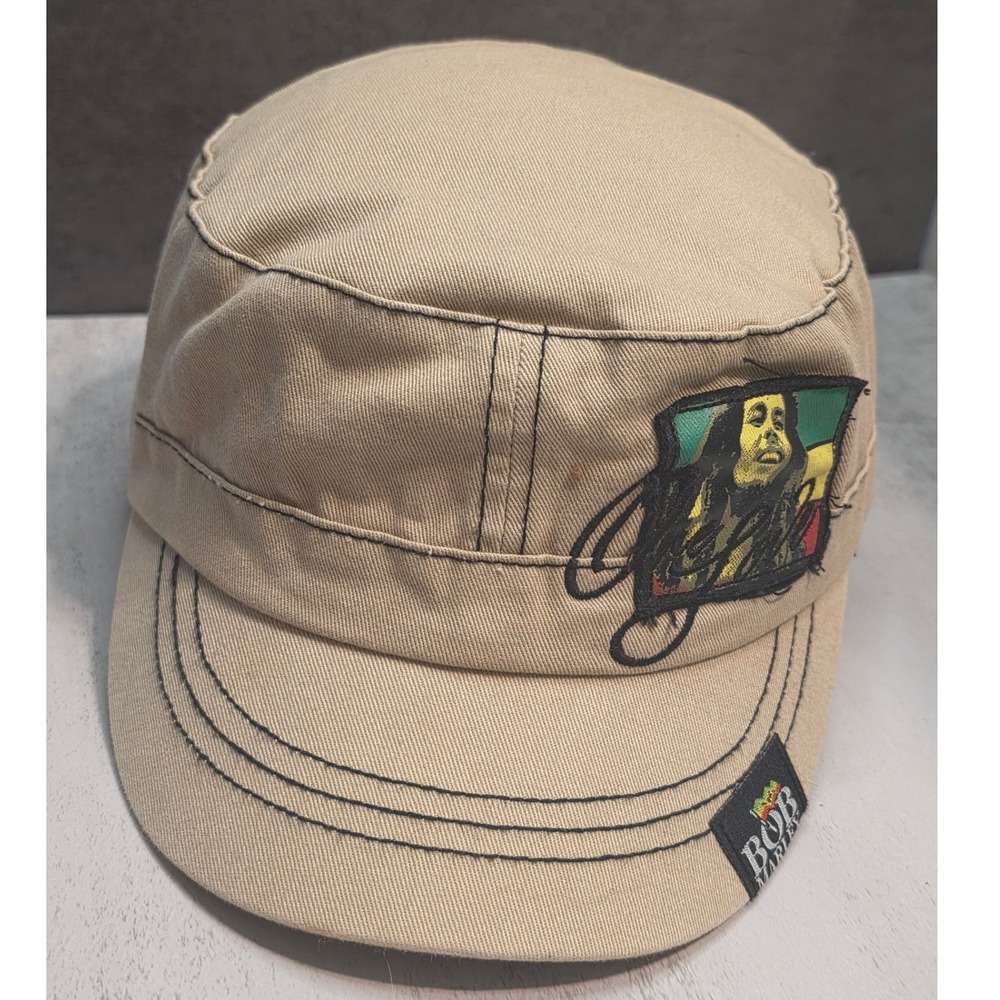 Bob Marley Tan Khaki Military Cadet Cap Reggae Rasta Flat Top Hat Zion Rootswear